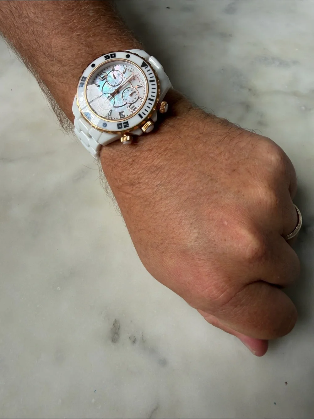 White Ceramic Chronograph Swiss Legend Watch with Rose Gold Accents